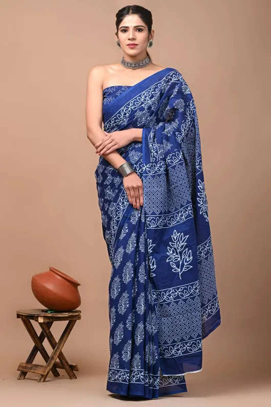 Light Weight Pure Cotton Printed Soft Mulmul Saree for Women with Blouse Piece